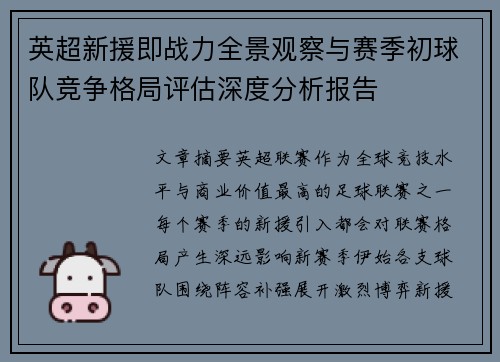 英超新援即战力全景观察与赛季初球队竞争格局评估深度分析报告